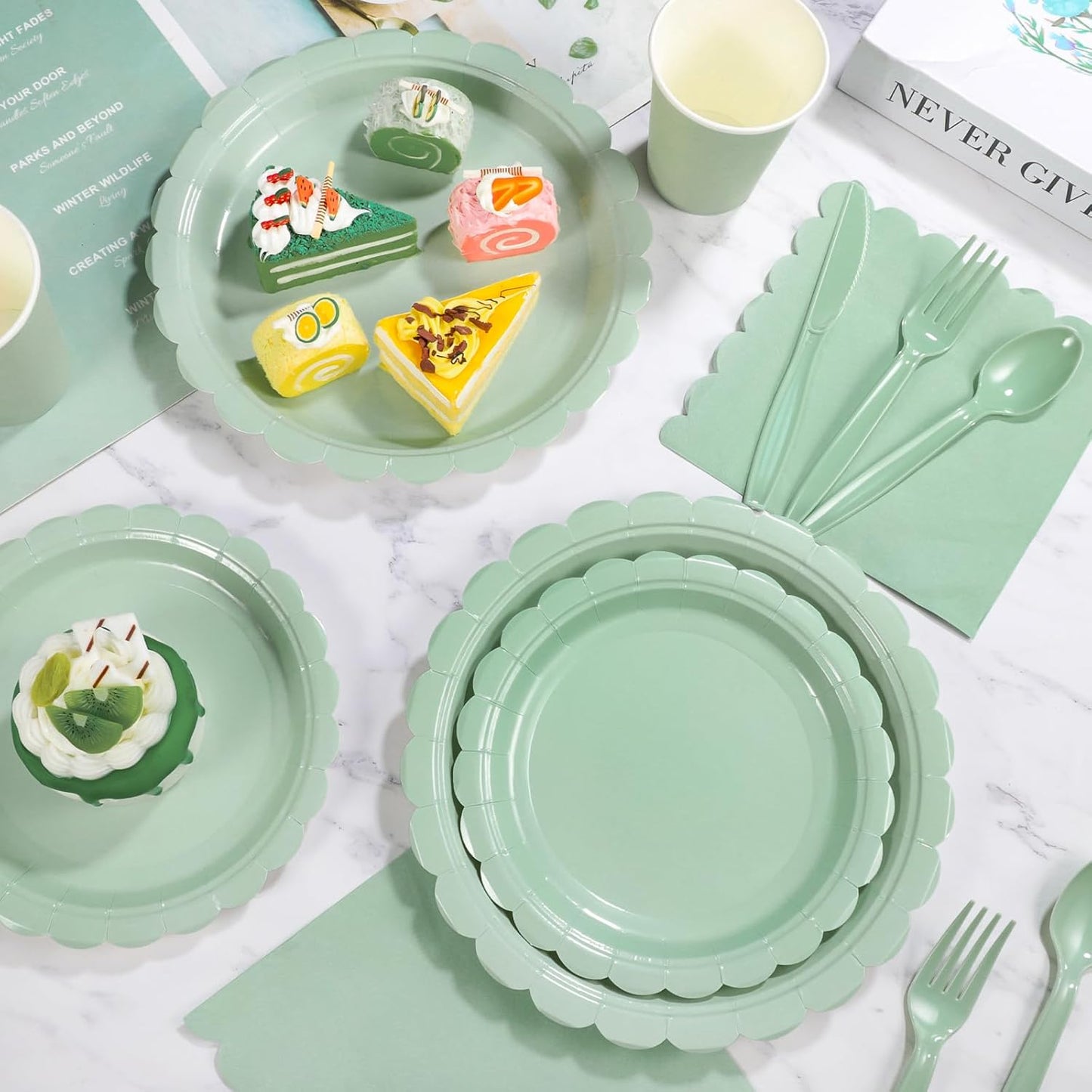 350 Pcs Sage Green Paper Plates and Napkins, Sage Green Party Supplies Include Green Scalloped Plate Paper Napkin Cup Plastic Cutlery for Baby Shower, Wedding, Birthday