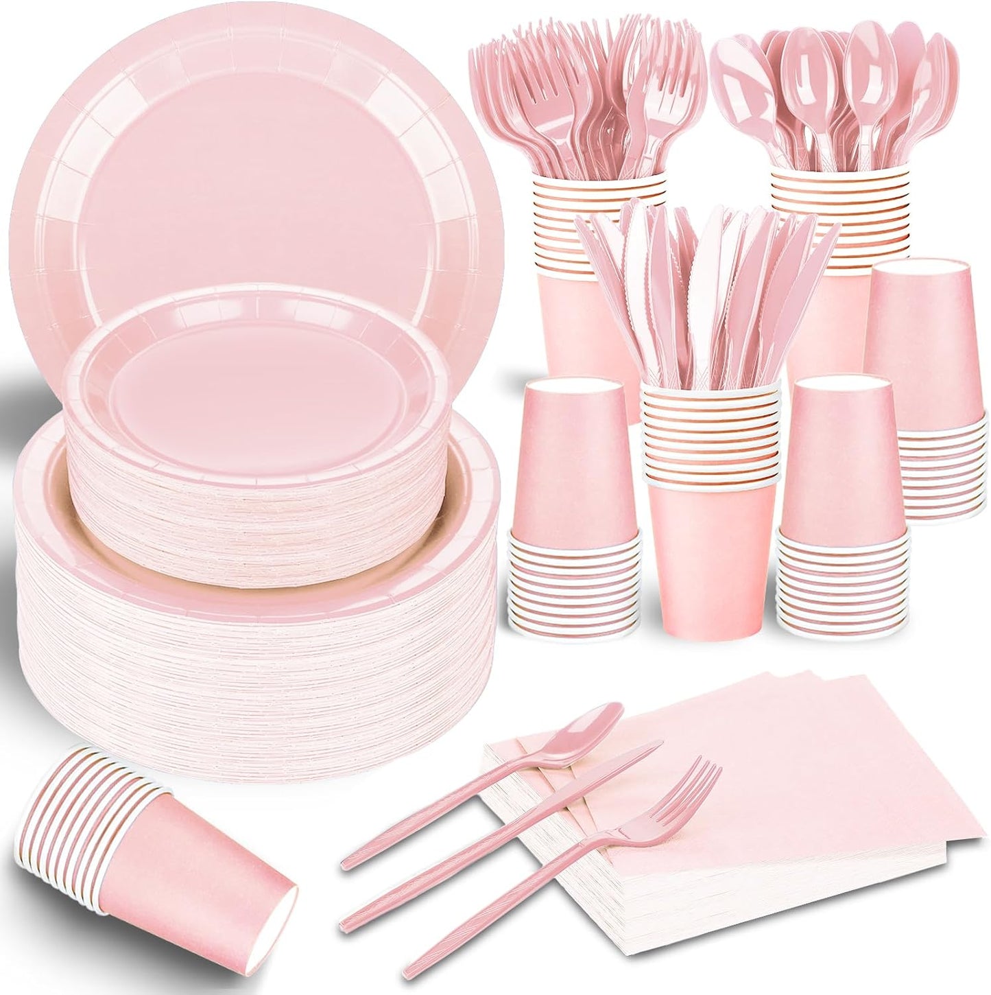 TWOWYHI 228PCS Pink Party Supplies Set Include Paper Plates Cups Pink Napkins Plastic Spoons Forks Knives for 30 Guests Disposable Party Dinnerware For Birthday Wedding Family Picnic