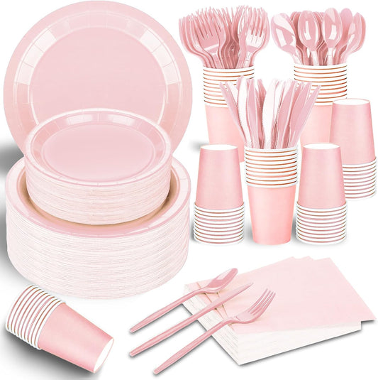 TWOWYHI 228PCS Pink Party Supplies Set Include Paper Plates Cups Pink Napkins Plastic Spoons Forks Knives for 30 Guests Disposable Party Dinnerware For Birthday Wedding Family Picnic
