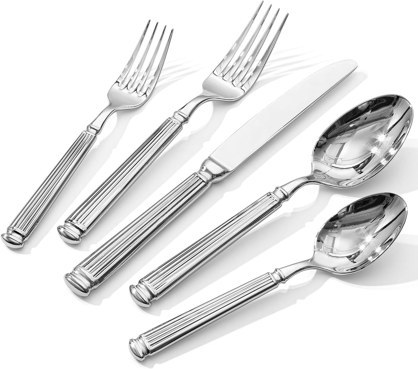 KINGSTONE Silverware Set, 60-Piece 18/10 Stainless Steel Flatware Set - Roman Column Embossed Thick Handle, for Wedding, Home, Restaurant, Kitchen and Party, Mirror Polish & Dishwasher Safe
