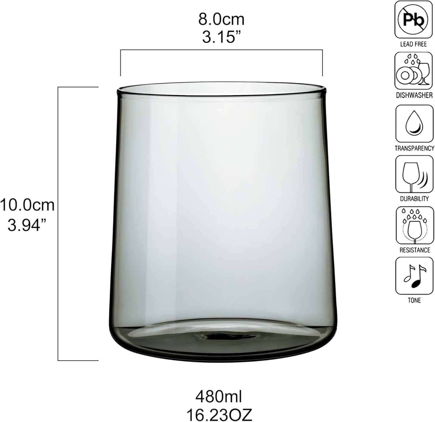 Joseph Sedgh Collection Smokey Grey Glass Tumbler Set of 4 – 16.5 oz Borosilicate Glassware – Durable, Lead-Free, Dishwasher Safe – Modern Grey Drinking Glasses for Home