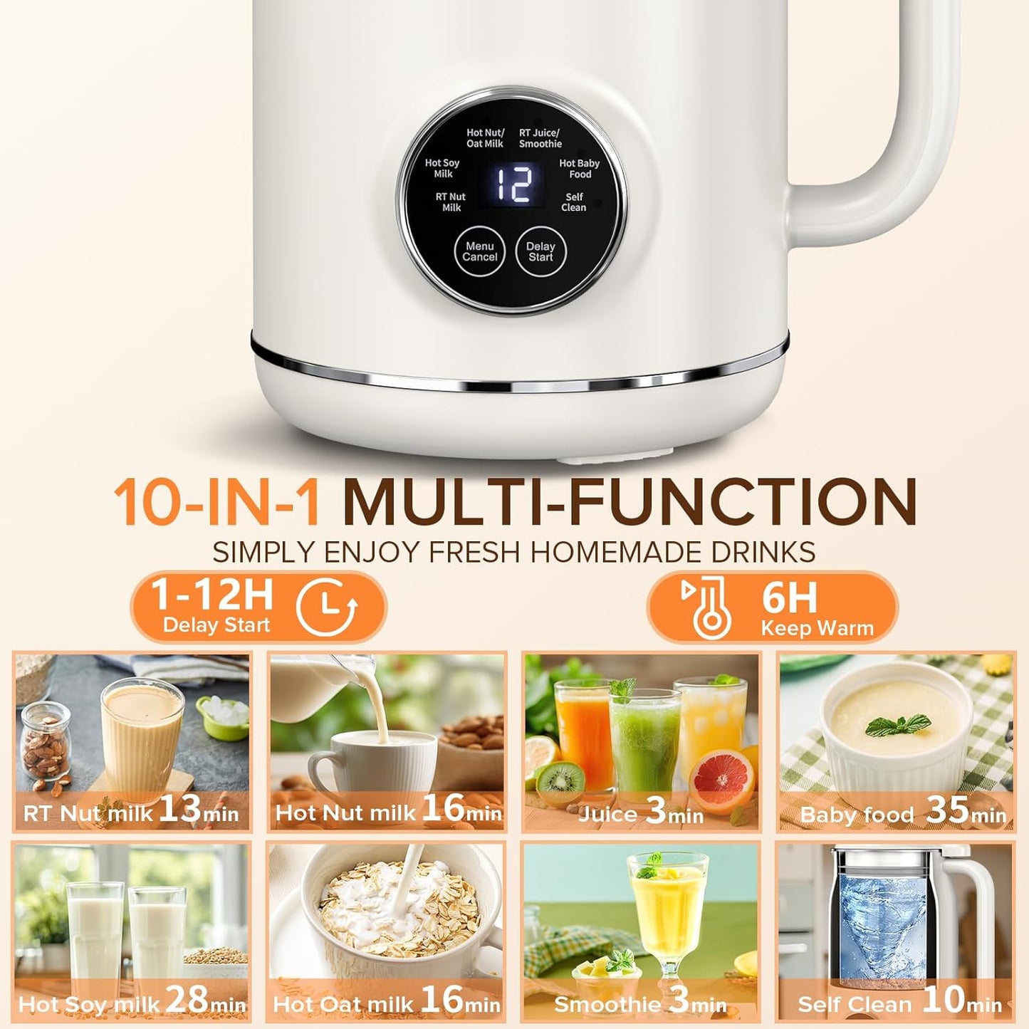 10 in 1 Nut Milk Maker Blender, 20oz (600ml) Homemade Nut Milk Maker Machine, Almond, Soy, Oat, Juice, Milkshake, Smoothies, Baby Food, Plant Based Milks with Delay Start, Keep Warm, Selfclean