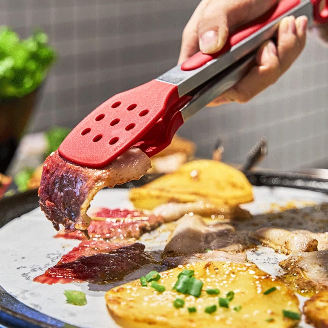 9 Inch Kitchen Tongs, Cooking Tongs with Slotted Silicone Tips and Stainless Steel Handle, Non Stick Heat Resistant Tongs for Cooking, Buffet, Salad Serving (9", Red)