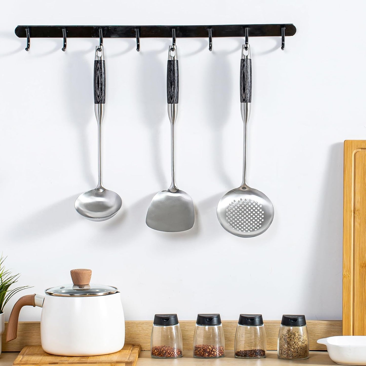 FJNATINH Wok Spatulas Soup Ladle Skimmer Ladle Set, Stainless Steel Wok Tools with Wooden Handle Wok Accessories Sets Cooking Utensils,3 PCS