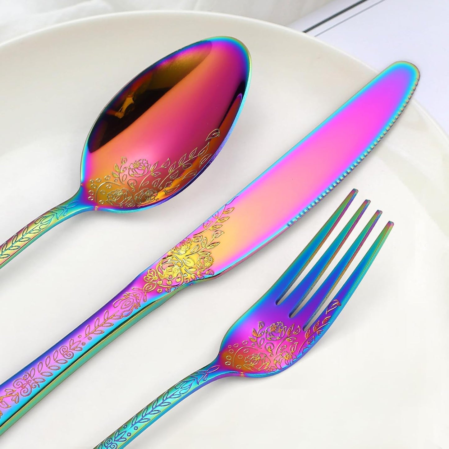 Embossed Flatware Set Rainbow 30 Piece Stainless Steel Silverware for 6 Cutlery with Floral Design Eating Utensils for Weddings Parties Festival and Restaurants Kitchen Daily Use