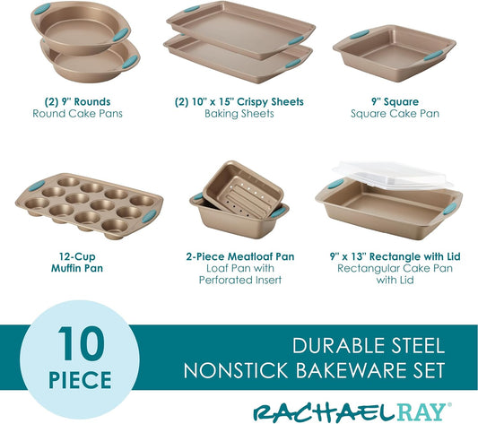 Rachael Ray 47578 Cucina Nonstick Bakeware Set with Grips Includes Nonstick Bread Pan, Baking Sheet, Cookie Sheet, Baking Pans, Cake Pan and Muffin Pan - 10 Piece, Latte Brown with Agave Blue Grips