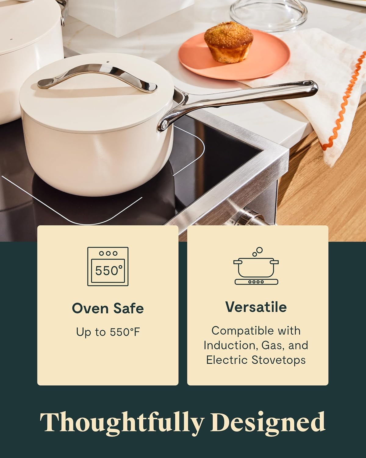 Caraway Nonstick Ceramic Sauce Pan with Lid (1.75 qt) - Non Toxic, PTFE & PFOA Free - Oven Safe & Compatible with All Stovetops (Gas, Electric & Induction) - White