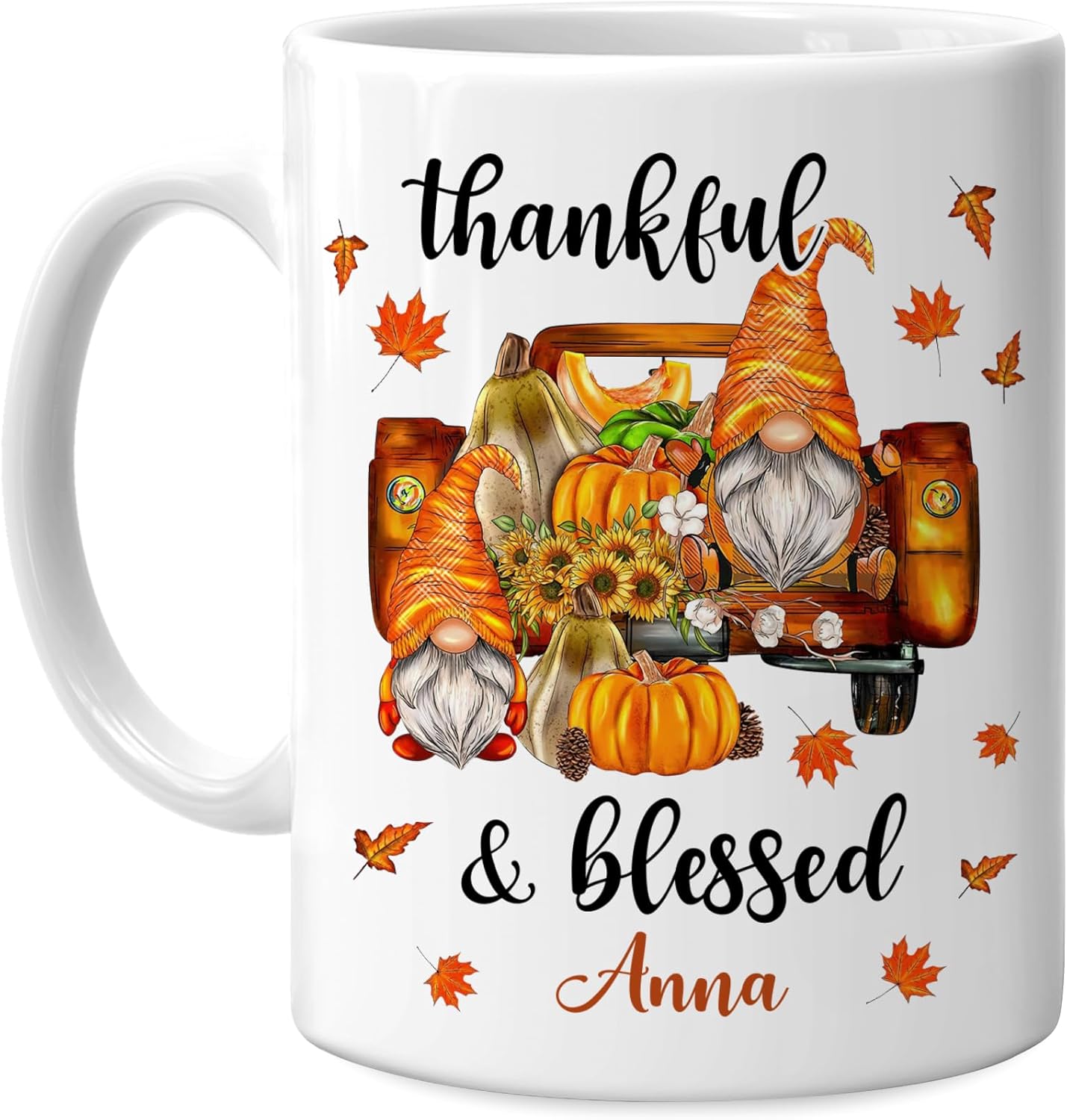 Hyturtle Personalized Fall Gnome Mug Gifts - Thankful And Blessed - Custom Name Coffee Cup Ceramic Mug 11oz 15oz - Gnome Gift For Women - Autumn Gifts - Fall Thanksgiving Decor Gift - Birthday