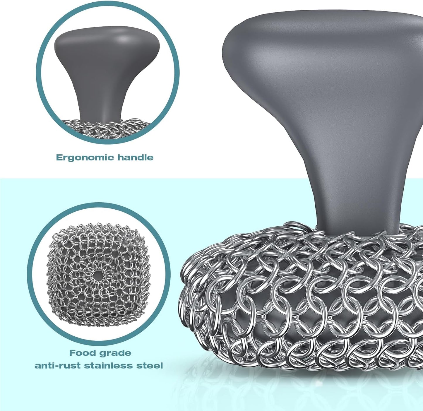 Cast Iron Scrubber, Cast Iron Cleaner with Pan Scraper, Chainmail Scrubber for Cleaning Dishes, Stock Pots, Pans, Griddles, Grills - Dish Scouring Pad Dishwasher Safe Cleaning Kit, Black