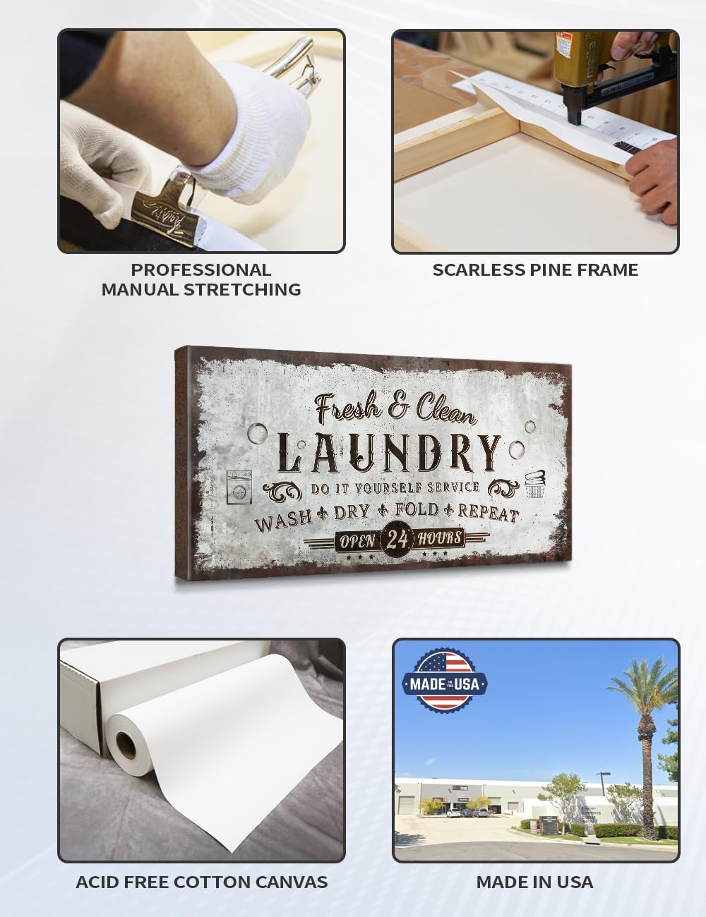 IPIC - Rustic Laundry Sign Wash Dry Fold Repeat, Canvas Print Wall Art for Family Laundry Room, Farmhouse Style Wall Decor For Home Decoration