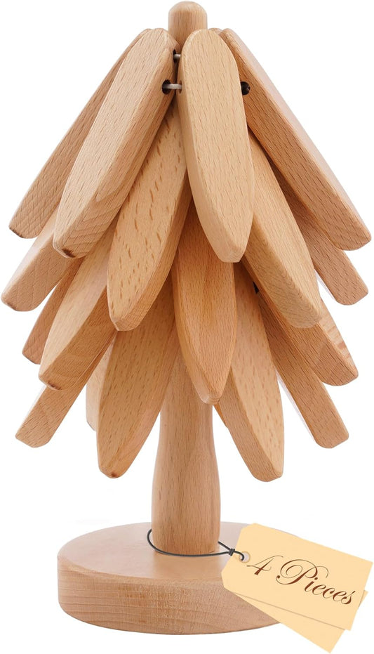 Tree-Shaped Placemats, Foldable Heat Resistant Anti-Stain Wood Trivet for Hot Dishes Pans, All-in-1 Set, 3PCS Easy-Cleaning Walnut Wood + Stand Coasters