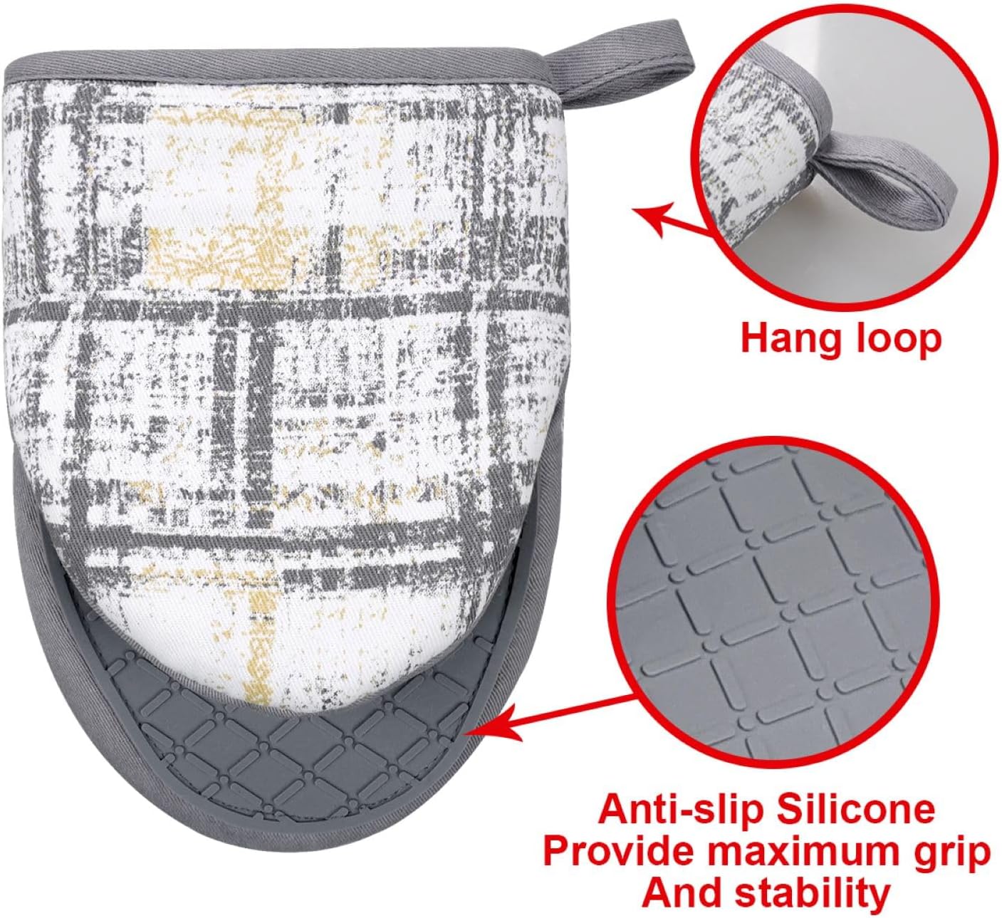 Mini Silicone Oven Mitts, Heat and Slip Resistant Kitchen Gloves 2-Pack Set, Vintage Plaid Soft Oven Mittens, Flexible Pot Holders for Cooking Baking and Grilling (Vintage Grey)