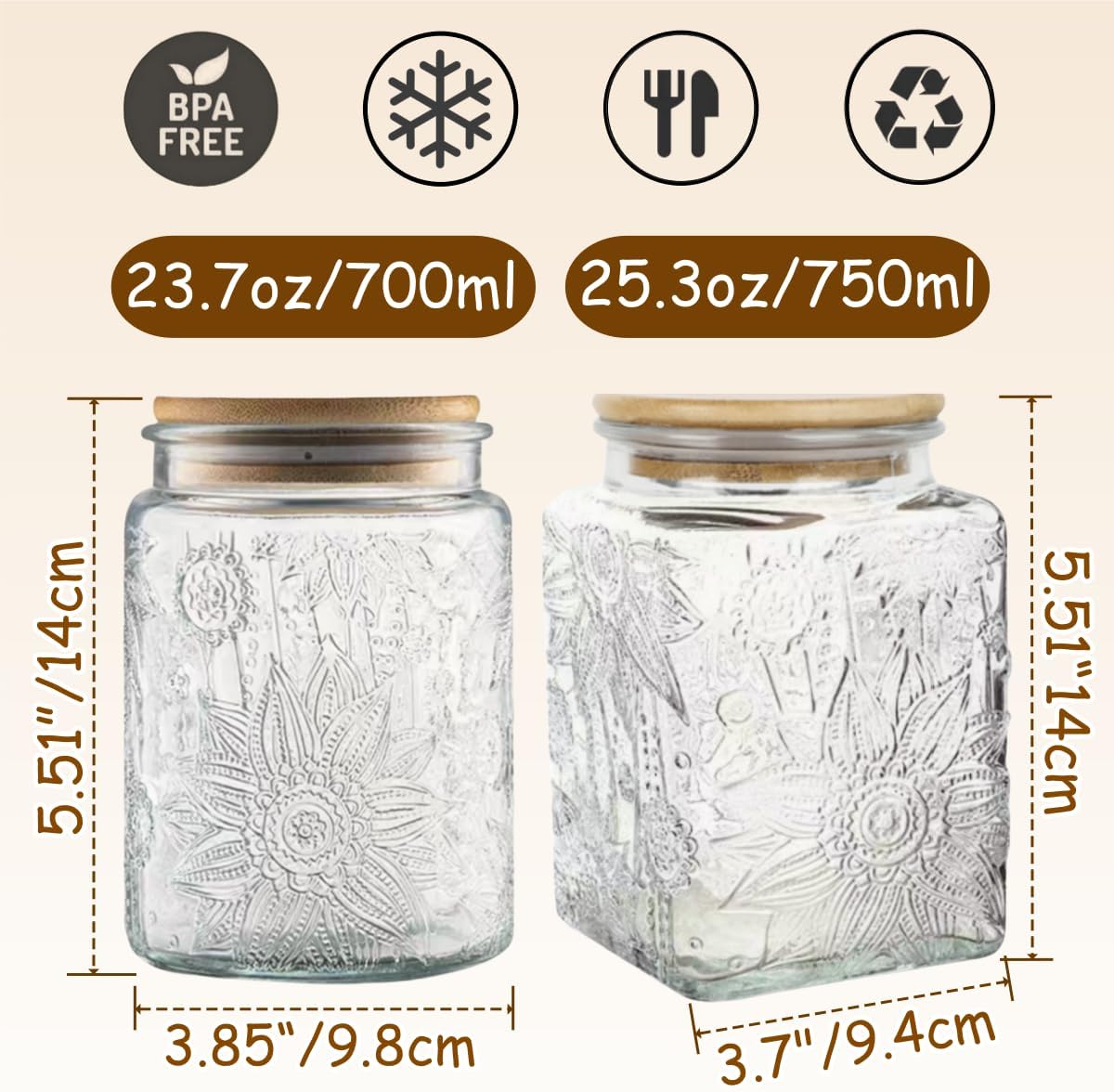 ANSQU Set of 2 Vintage Glass Storage Jars, Glass Food Storage Containers(25.3oz/23.7oz), Candy Jars with Lids for Kitchen Coffee, Tea, Cookie, Sugar, Bath Salts, Cute Jar