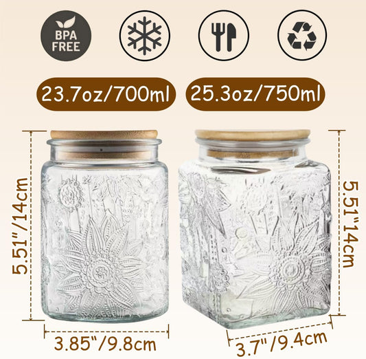 ANSQU Set of 2 Vintage Glass Storage Jars, Glass Food Storage Containers(25.3oz/23.7oz), Candy Jars with Lids for Kitchen Coffee, Tea, Cookie, Sugar, Bath Salts, Cute Jar