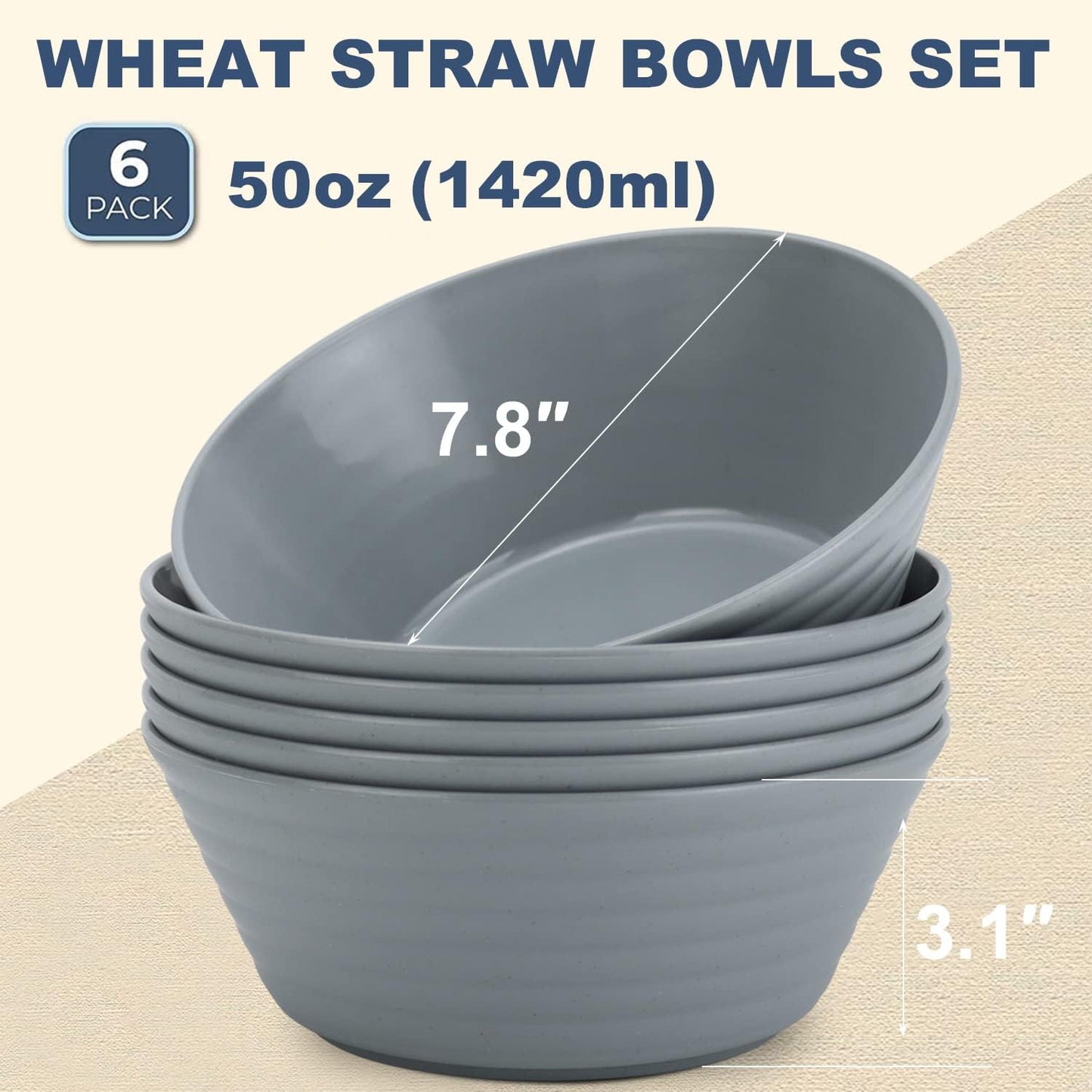 Wrova Wheat Straw Bowl Sets,6 PCS Unbreakable Cereal Bowl 50 OZ,Microwave and Dishwasher Safe Bowls,Super Big Bowl Sets BPA Free Bowl for Serving Cereal,Oatmeal and Salad (Pure Gray)