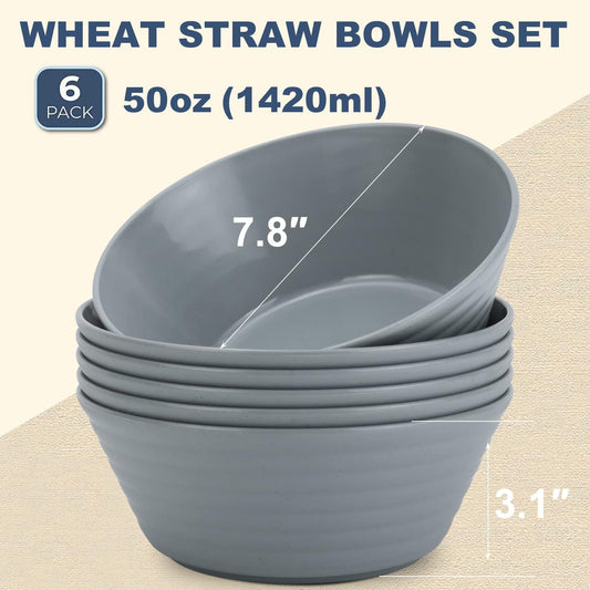 Wrova Wheat Straw Bowl Sets,6 PCS Unbreakable Cereal Bowl 50 OZ,Microwave and Dishwasher Safe Bowls,Super Big Bowl Sets BPA Free Bowl for Serving Cereal,Oatmeal and Salad (Pure Gray)