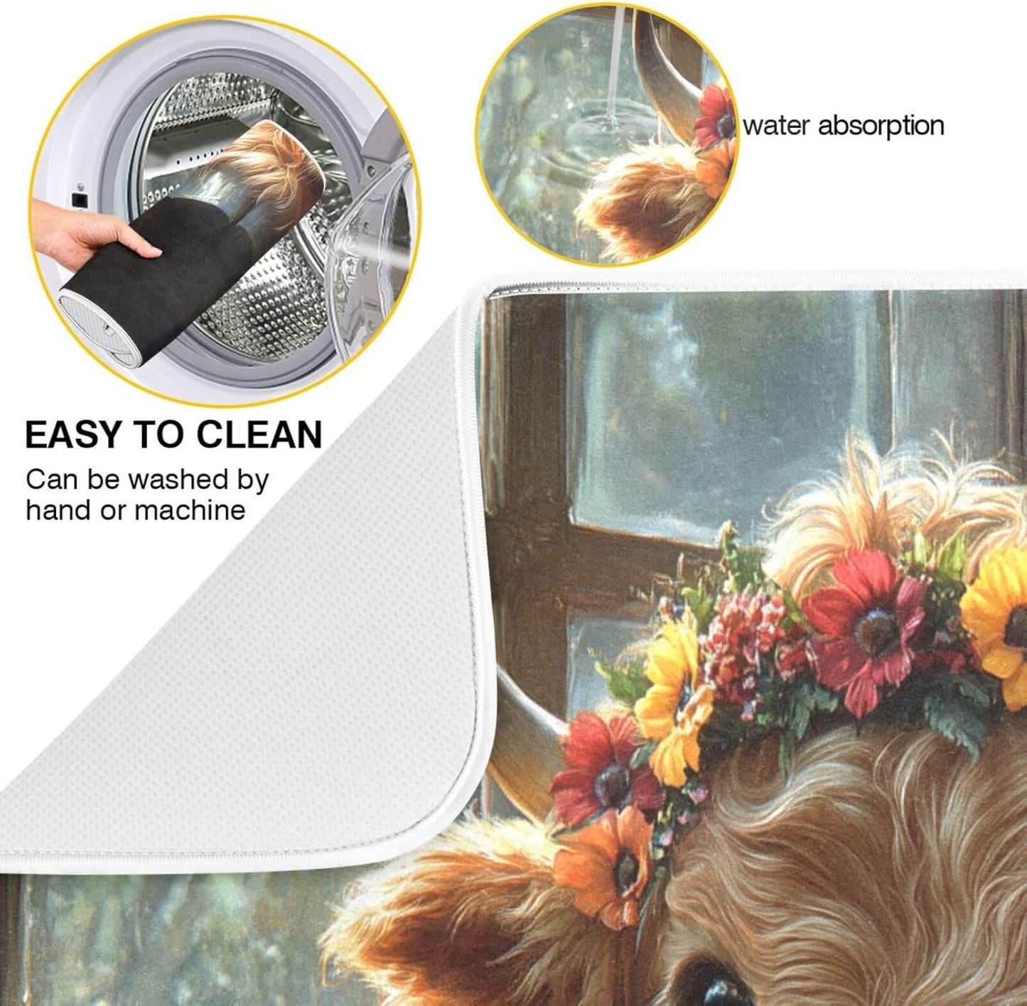 Cute Highland Cow with Flowers Dish Drying Mat for Kitchen Counter Super Absorbent Dishes Pad Reversible Microfiber Protector Dish Draining Mats 18x24 inch