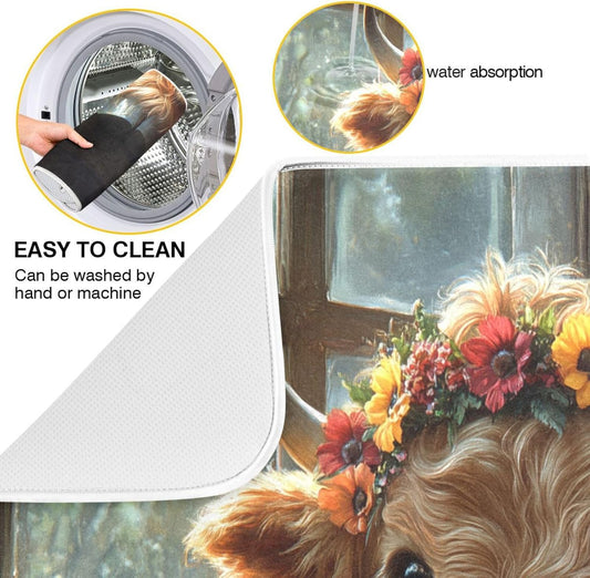 Cute Highland Cow with Flowers Dish Drying Mat for Kitchen Counter Super Absorbent Dishes Pad Reversible Microfiber Protector Dish Draining Mats 18x24 inch