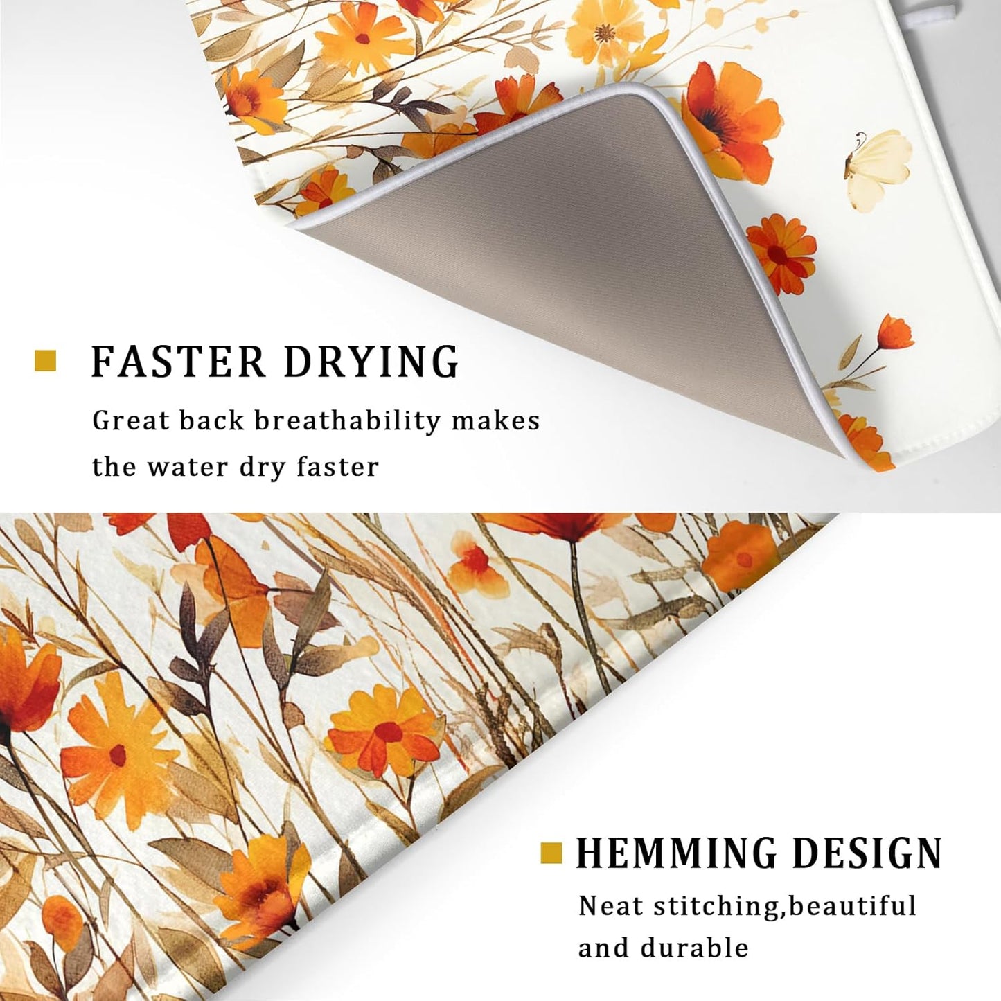 Fall Floral Dish Drying Mat for Kitchen Counter Autumn Orange Wildflowers Reversible Microfiber Absorbent Drying Pad Mats for Countertops Sinks Draining Racks,Harvest Thanksgiving Decor,18 X 24 Inches