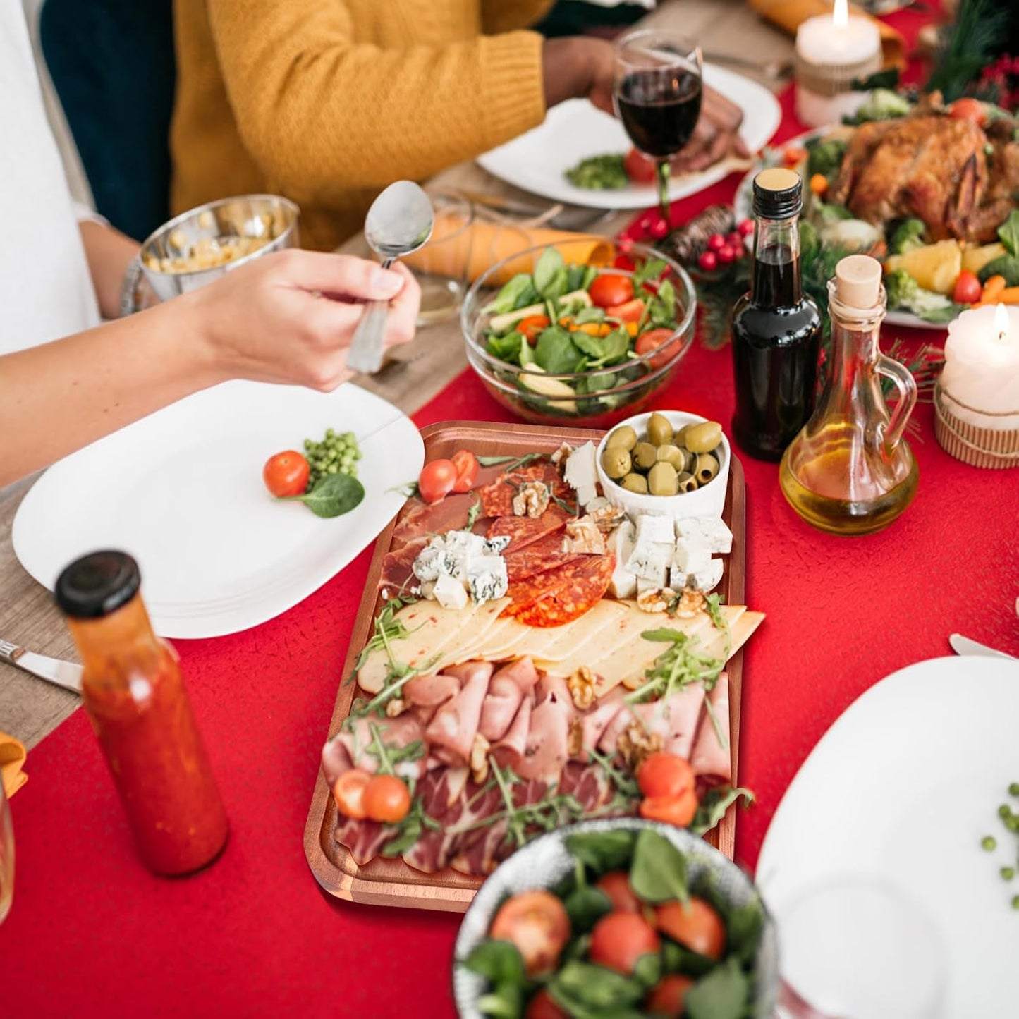 Medium Wooden Serving Trays for Party Long Charcuterie Boards Rectangle Acacia Wood Platter Fruit Dessert Tray for Food Dish Snack Cookie Appetizer Plates Cheese Board Kitchen Dinner Platters