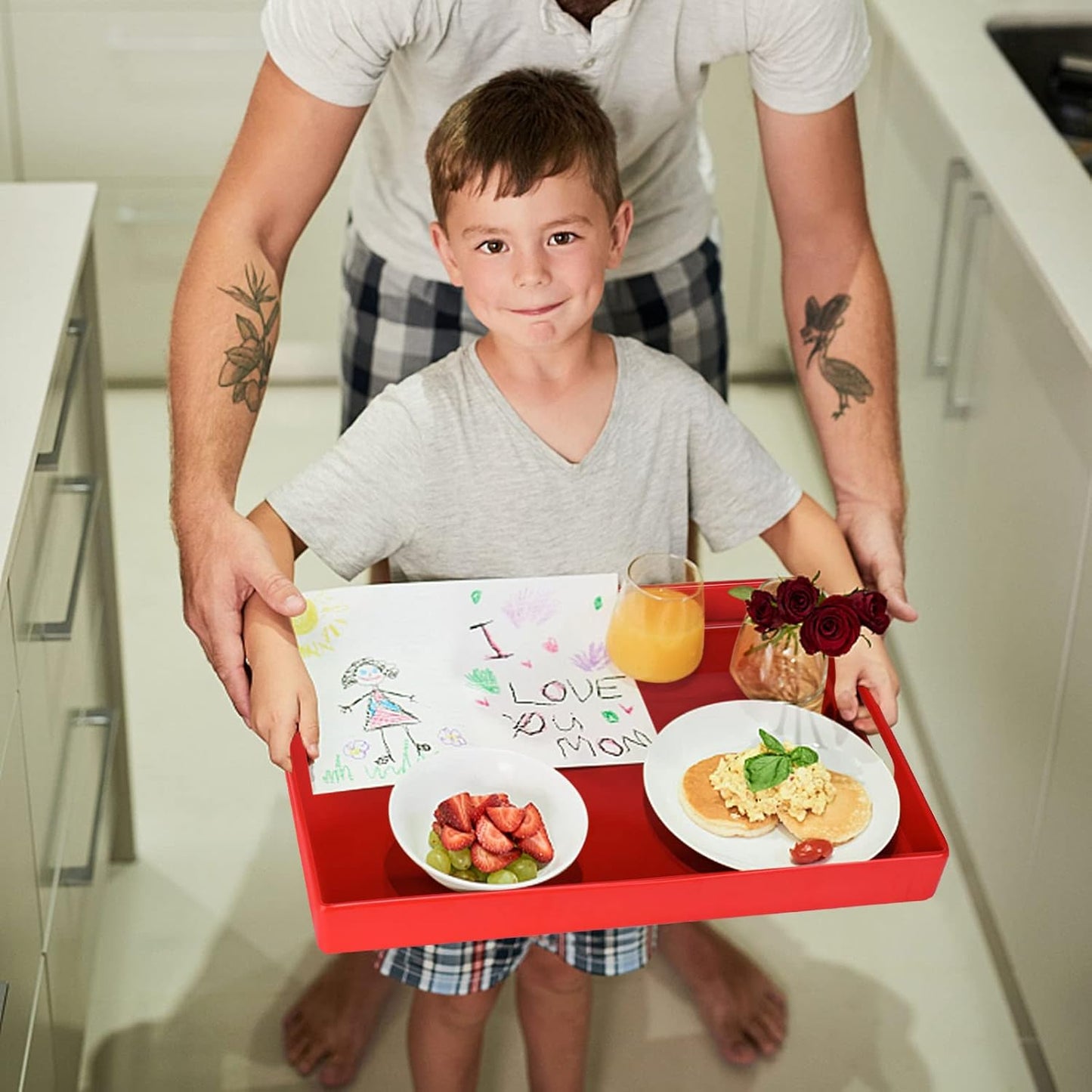 Serving Tray with Handles-10x15Inch Red Melamine Modern Serving Platters,Serving Wine,Coffee,Breakfast/Kitchen Countertop Tray/Makeup Drawer Organizer/Vanity Table Tray/Decorative Tray