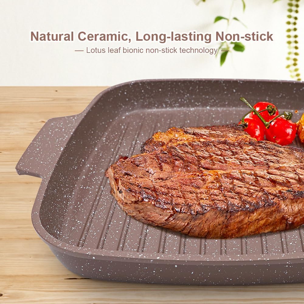 Nonstick Griddle Pan with Lid 10 Inch, Ceramic Coating, Detachable Handle, PFOA Free, Brown