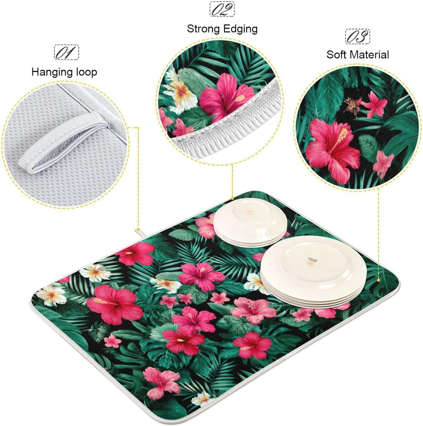 Tropical Flowers Leaves Pattern Dish Drying Mat for Kitchen Counter Super Absorbent Dishes Pad Reversible Microfiber Protector Dish Draining Mats 18x24 inch