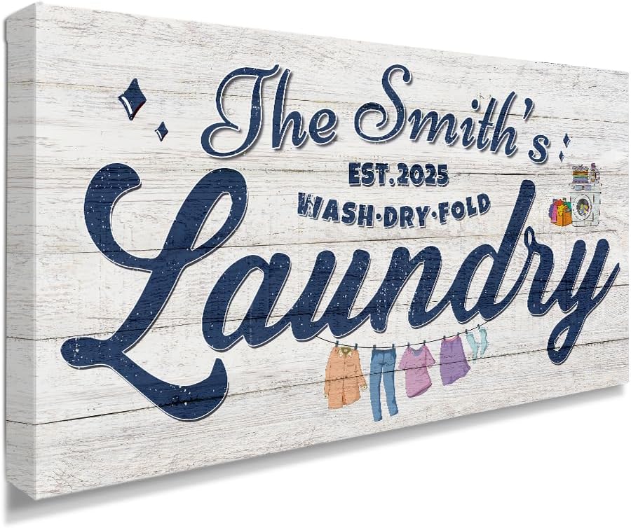 IPIC - Personalized Laundry Room Sign, Custom Canvas Wall Art with Family Name, Rustic Home Decor Printed Acid-Free Cotton Canvas for Business and Home, Made in USA and Ready to hang for Laundry Decor