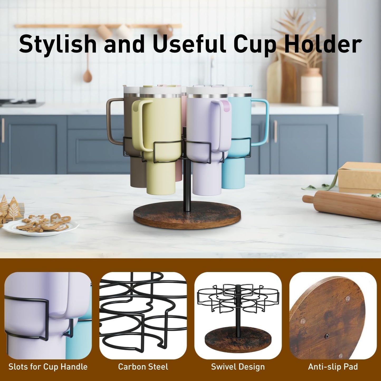 Water Bottle Organizer for Stanley 40 Oz Tumbler with Handle, 6 Slots Rotatable Cup Organizer Holder, Kitchen Organizers and Storage for Cup Accessories, Ideal Gift, Black