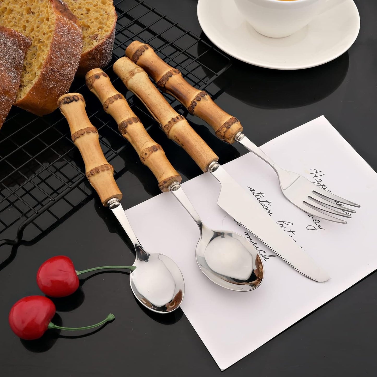 JASHII 16 Pieces Bamboo Handle Silverware Set Natural Bamboo Flatware Stainless Steel Cutlery Utensils,Service for 4, Include Knife Fork Spoon Teaspoon. - Bamboo Silver