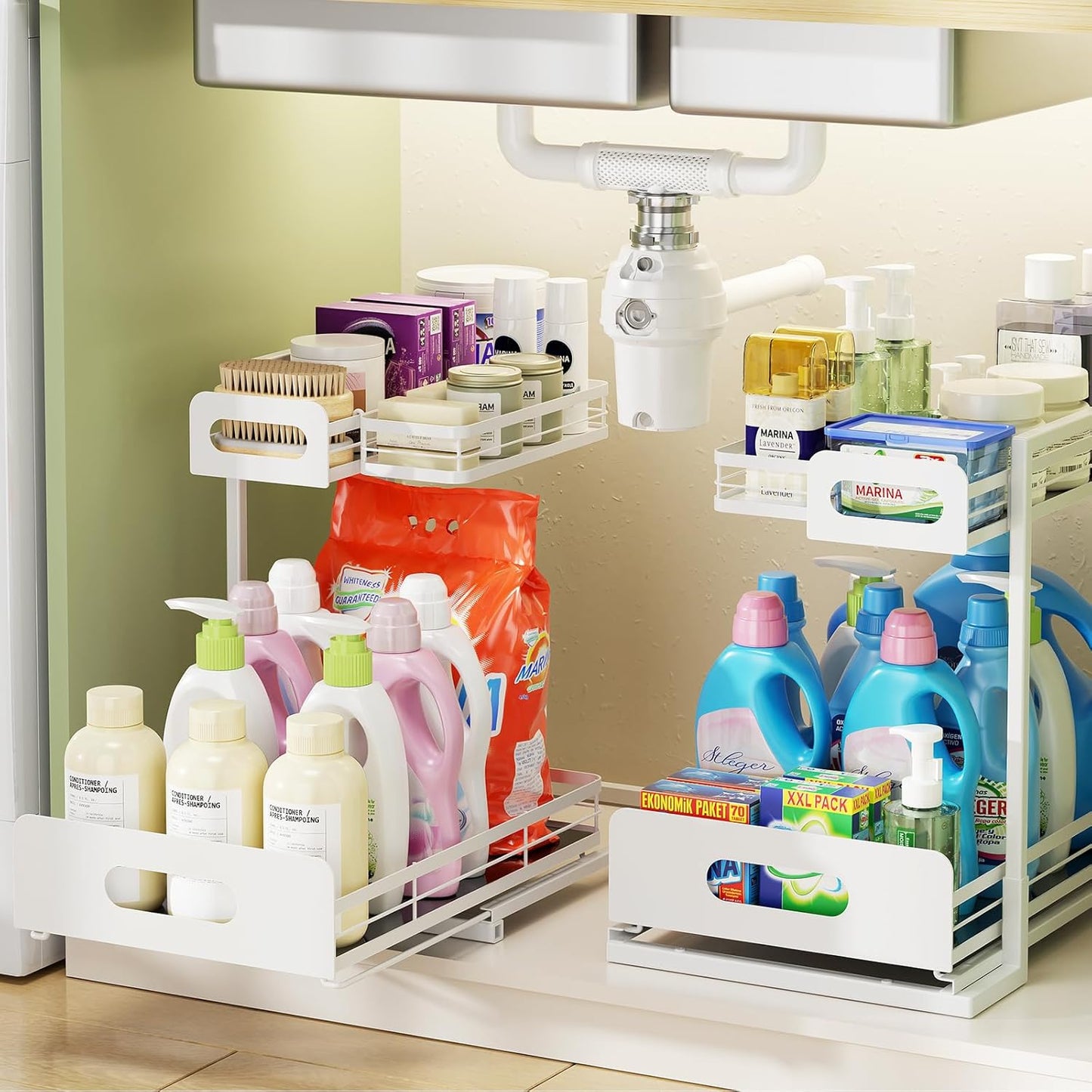 Delamu 2 Pack Metal Bathroom Organizers and Storage, 2 Tier Pull Out Under Sink Organizer with 2 Small Baskets, Adjustable Under Sink Shelf for Multipurpose Cabinet Organizer, White