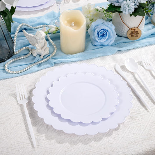 WONDERFUL 150 Pcs White Plastic Plates Disposable Heavy Duty Disposable Plastic Plates for Party Wedding Include 60 Pcs Plate Set 90 Pcs Cutlery Set Wedding Decor Halloween Thanksgiving