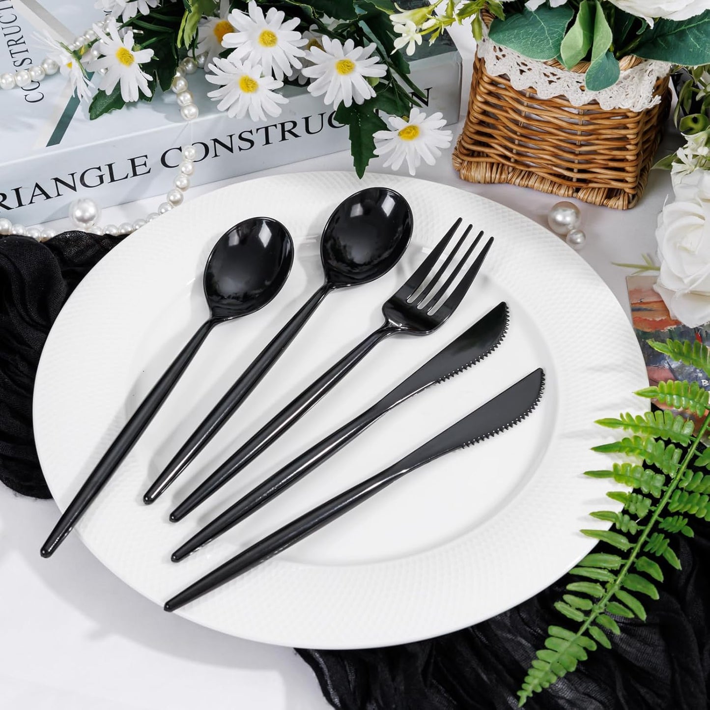 Supernal 360pcs Black Plastic Silverware Heavy Duty Black Plastic Utensils Disposable Cutlery Set Includes Disposable Knives,Forks and Spoons Silverware Set for Parties,Weddings & Birthday
