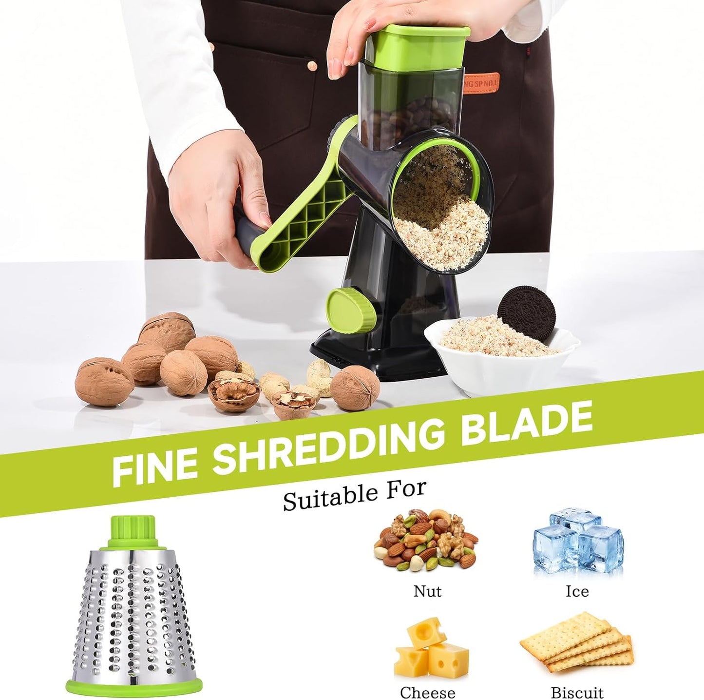 Rotary Cheese Grater with Handle Kitchen Shredder Slicer Grater Slicer Ice Shaver Cheese Vegetable Nuts Potato Zucchini Chocolate 3 Interchangeable Blades (Green TSP)