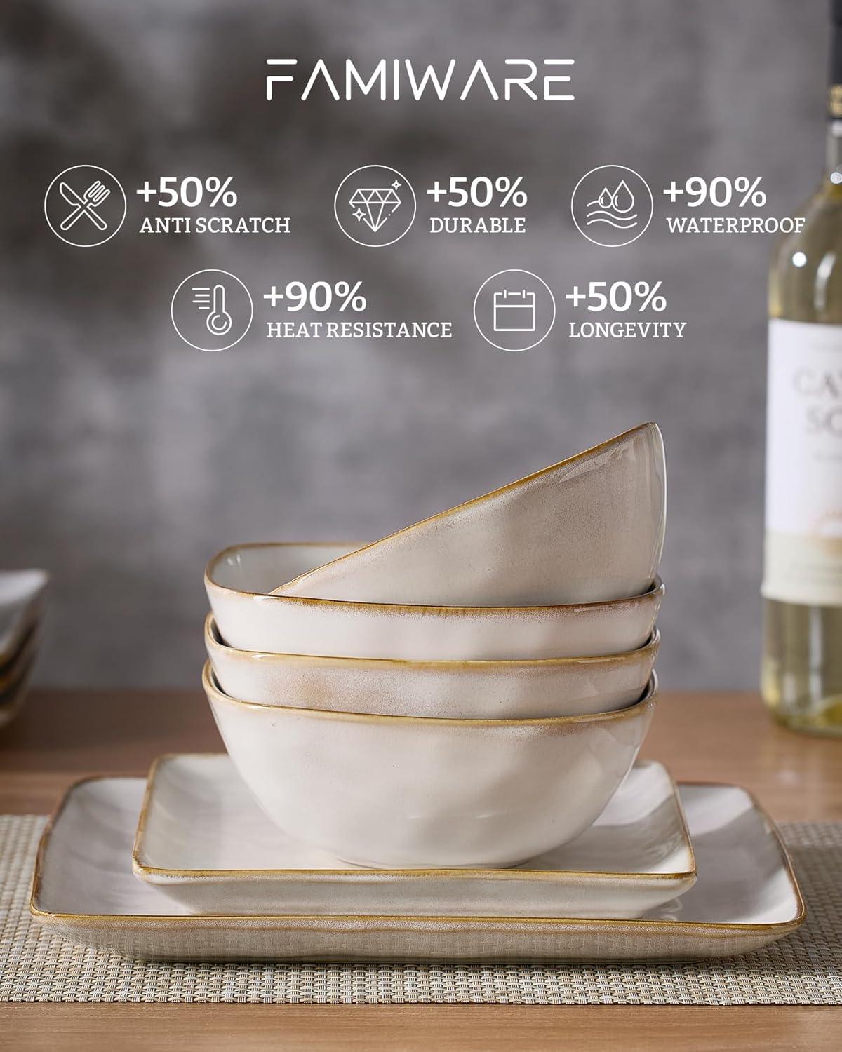 Famiware Dinnerware Sets for 8, Ocean Square 24-Piece Kitchen Plates and Bowls Sets, Microwave and Dishwasher Safe, Scratch Resistant, Cappuccino White