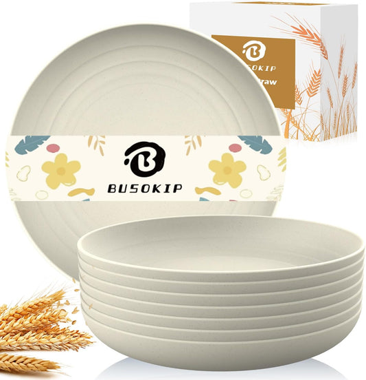 11 Inch Wheat Straw Plates - 8 Piece Set, Unbreakable Dinner Plates, Microwave Safe, Beige