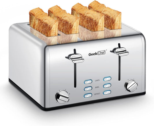 Geek Chef Stainless Steel Toaster 4 Slice, with Extra Wide Slots for Bagels, Removable Tray, Cancel/Defrost/Reheat Functions