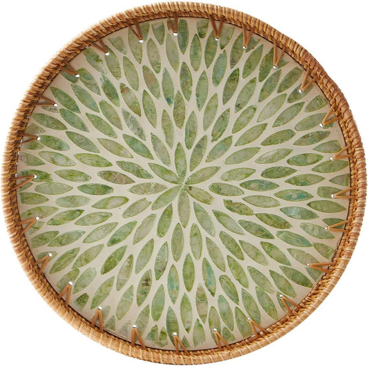 Round Rattan Tray with Mother of Pearl Inlay, Rattan Serving Tray with Wooden Base, Decorative Wicker Basket for Table Decor, Storage and Display of Coffee Bread Food Fruit (Leaf 13.5")