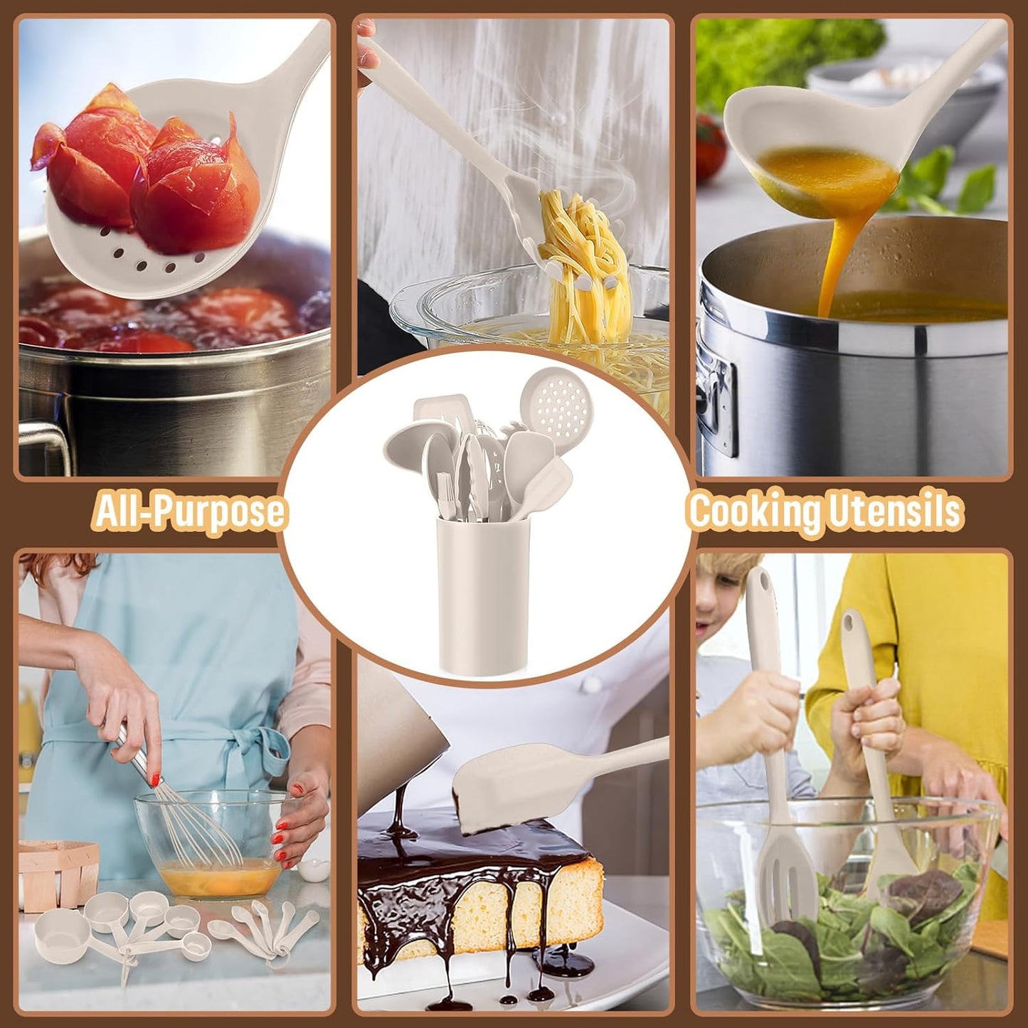 Silicone Kitchen Utensils Set, E-far 23 Pcs Khaki Cooking Utensils Tools with Holder for Nonstick Cookware, Include Spatula/Spoon/Ladle/Tongs/Turner, Heat Resistant & Nontoxic, Dishwasher Safe