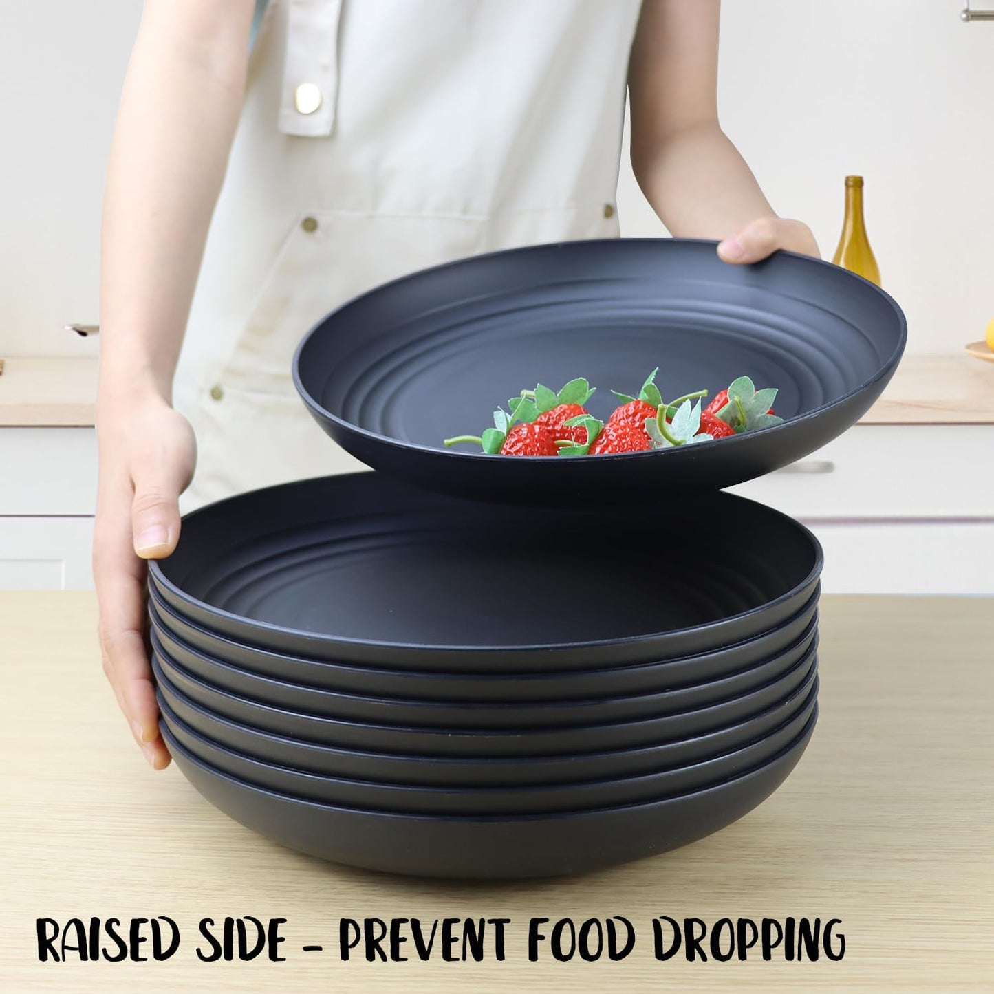 8 Pcs 11 Inch Wheat Straw Plates, Unbreakable Dinner Plates Reusable, Microwave Safe for Kitchen, Set of 8 (Black)