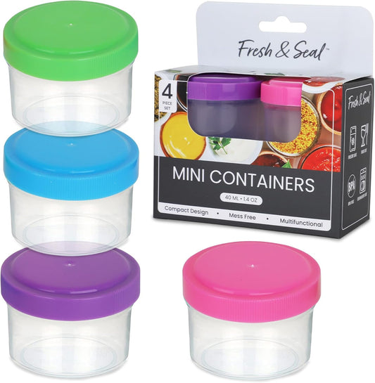 Condiment Containers with Screw Lids (4-Piece) - Reusable Leakproof Salad Dressing Containers to go - Small Mini Food Storage Cups for Lunch, Dishwasher Friendly, 1.4-Ounce