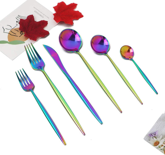 JASHII 24 Pieces Cutlery Flatware Set 304 Stainless Steel Home Kitchen Set, Mirror Polished, Knife/Fork/Spoon, Modern Elegant Tableware Set for Party, Christmas, Dinner (Rainbow)