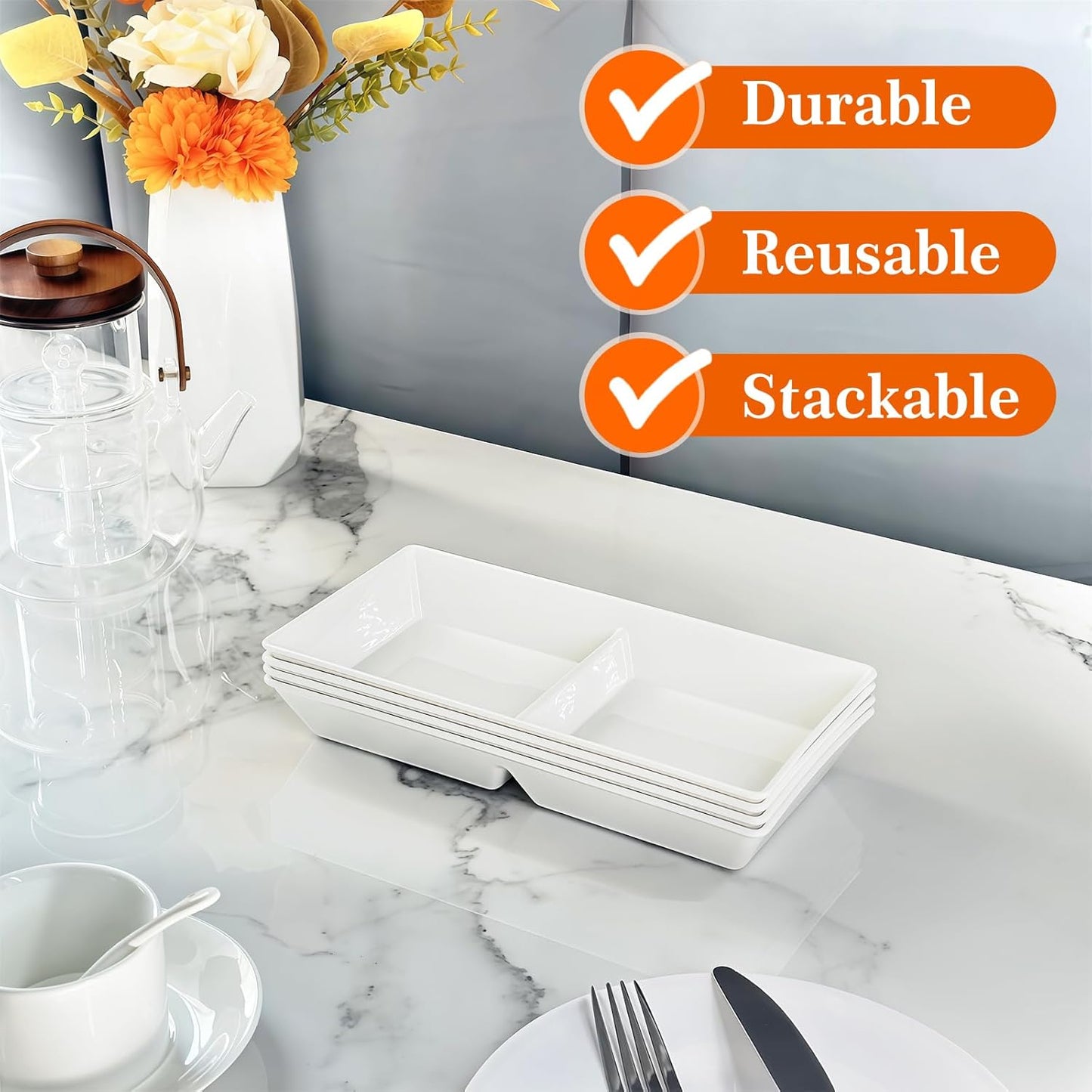 Divided Serving Tray Platter, 3 Pack 10" x 5" Fruit Veggie Food Tray for Party, Plastic Serving Trays for Appetizer, Snack, Dessert, Cookie, Brunch Decorations Platters, White Trays BPA-Free