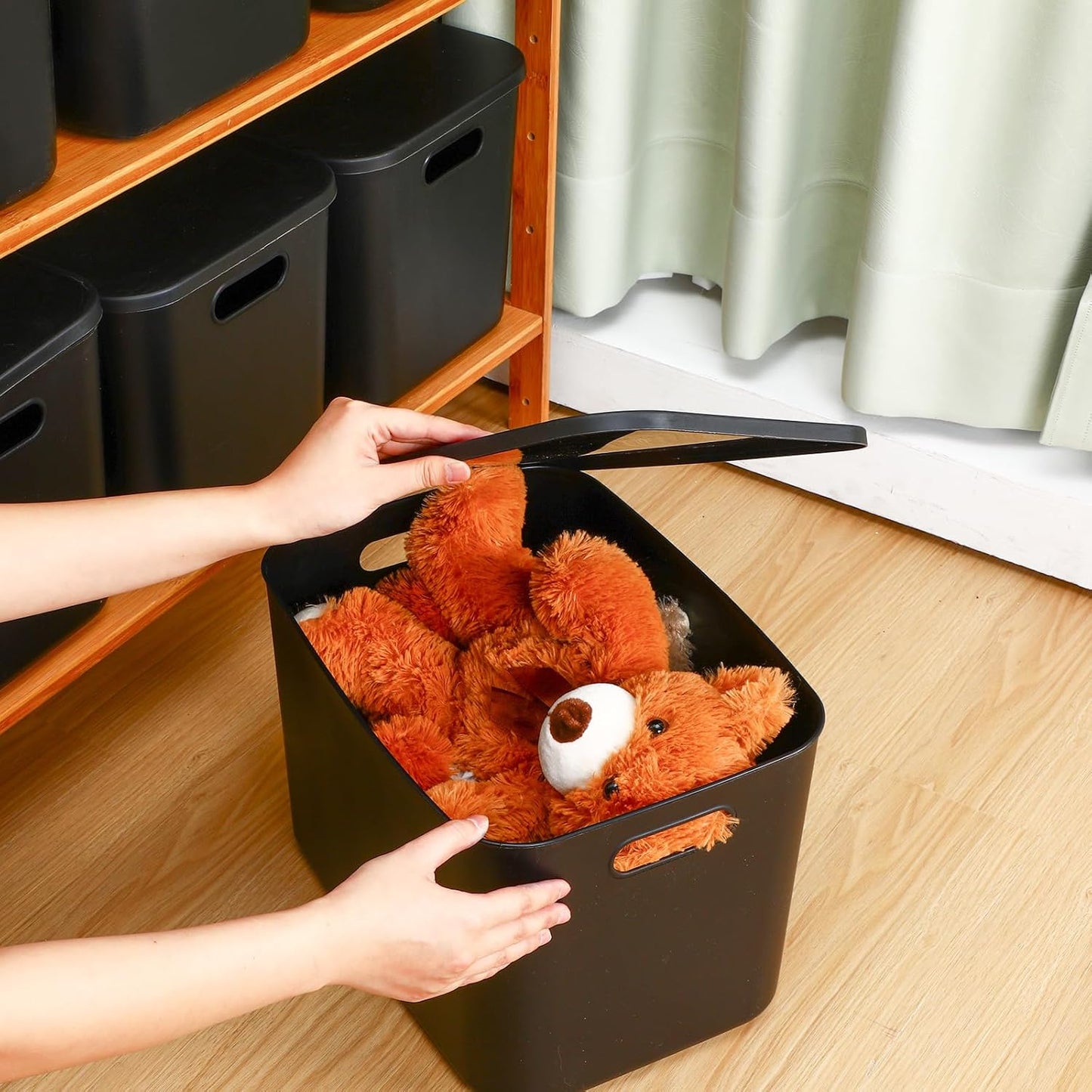 Hoolerry 8 Pieces Colorful Storage Bins with Lid, Plastic Storage Basket Organizing Container Stackable Box with Handle for Shelves Desktop Playroom Office(14.2 x 10.2 x 9.5 Inch,Black)