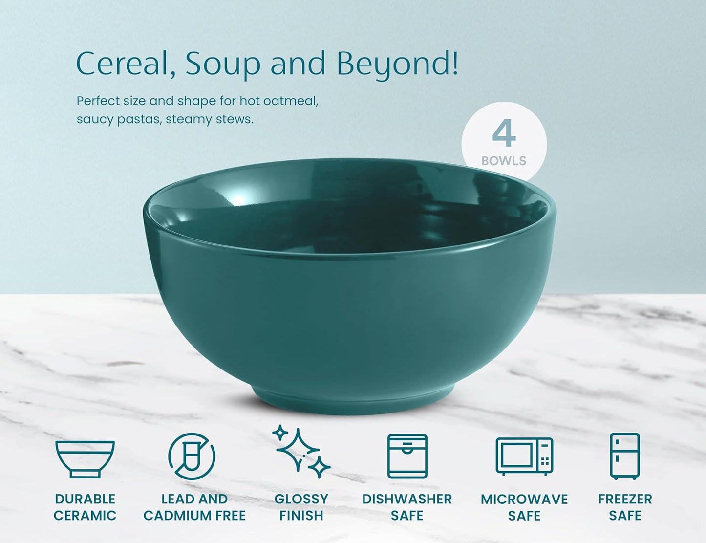 KooK Soup Bowls, Cereal Bowl, Ceramic, Bowls for Kitchen, Microwave, Dishwasher and Freezer Safe, Porcelain Dishes for Pasta, Salad, Oatmeal, Deep Interior, 20 oz, Set of 6, (Teal)