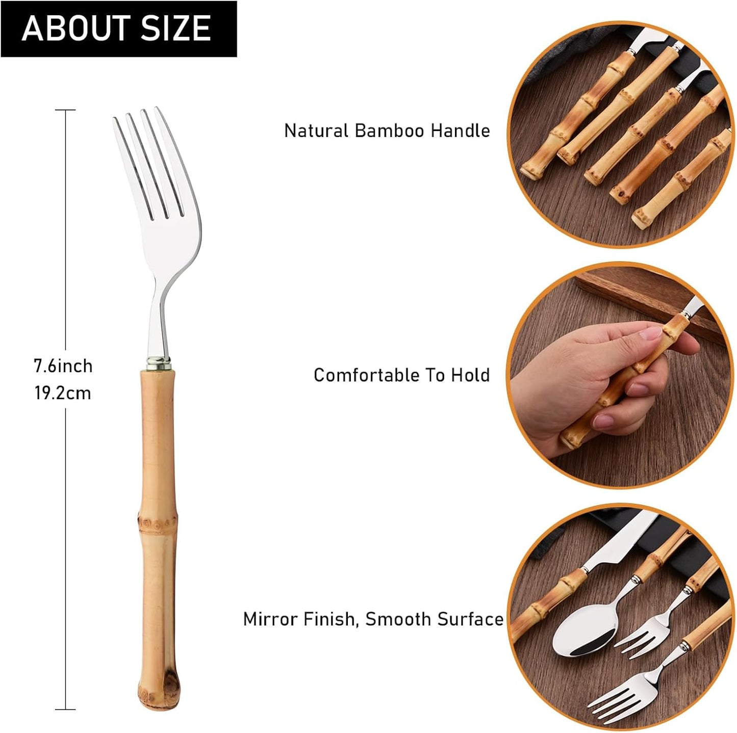 Dinner Fork Set, 8-Piece Natural Bamboo Forks, 18/8 Stainless Steel with Bamboo Handle, Silver Mirror Finish, Unique Design, 8.27 Inch