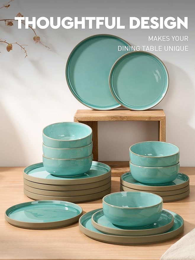 Famiware Nature Plates and Bowls Set, 18 Pieces Dinnerware Sets, Dishware Sets, Dishes Set for 6, Microwave and Dishwasher Safe, Verdure
