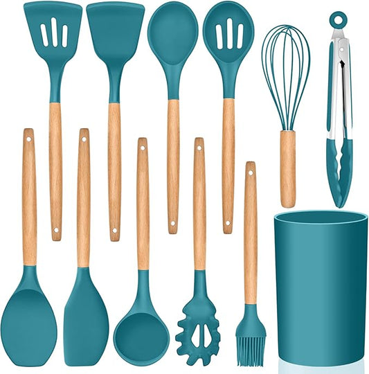 Kitchen Utensils Set of 12, E-far Silicone Cooking Utensils with Holder, Non-stick Cookware Friendly & Heat Resistant, Includes Spatula Tong Whisk Ladle Brush Slotted Turner Spoon(Teal Blue)