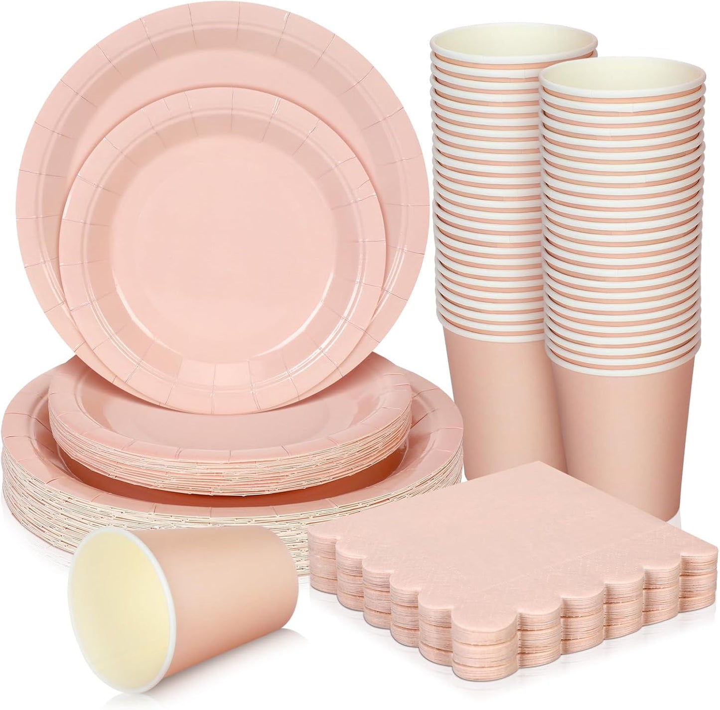 150 Pcs Disposable Party Dinnerware Supplies Set Includes 7'' 9'' Disposable Paper Plates 9oz Paper Cups Scalloped Cocktail Napkins for Baby Shower Birthday Wedding(Light Pink)