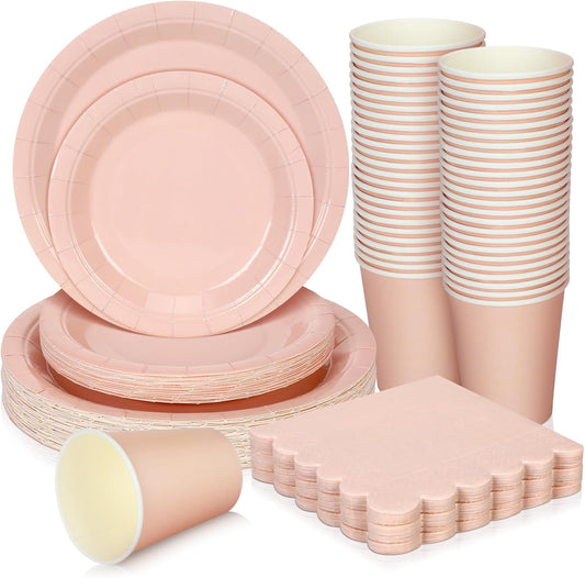 150 Pcs Disposable Party Dinnerware Supplies Set Includes 7'' 9'' Disposable Paper Plates 9oz Paper Cups Scalloped Cocktail Napkins for Baby Shower Birthday Wedding(Light Pink)